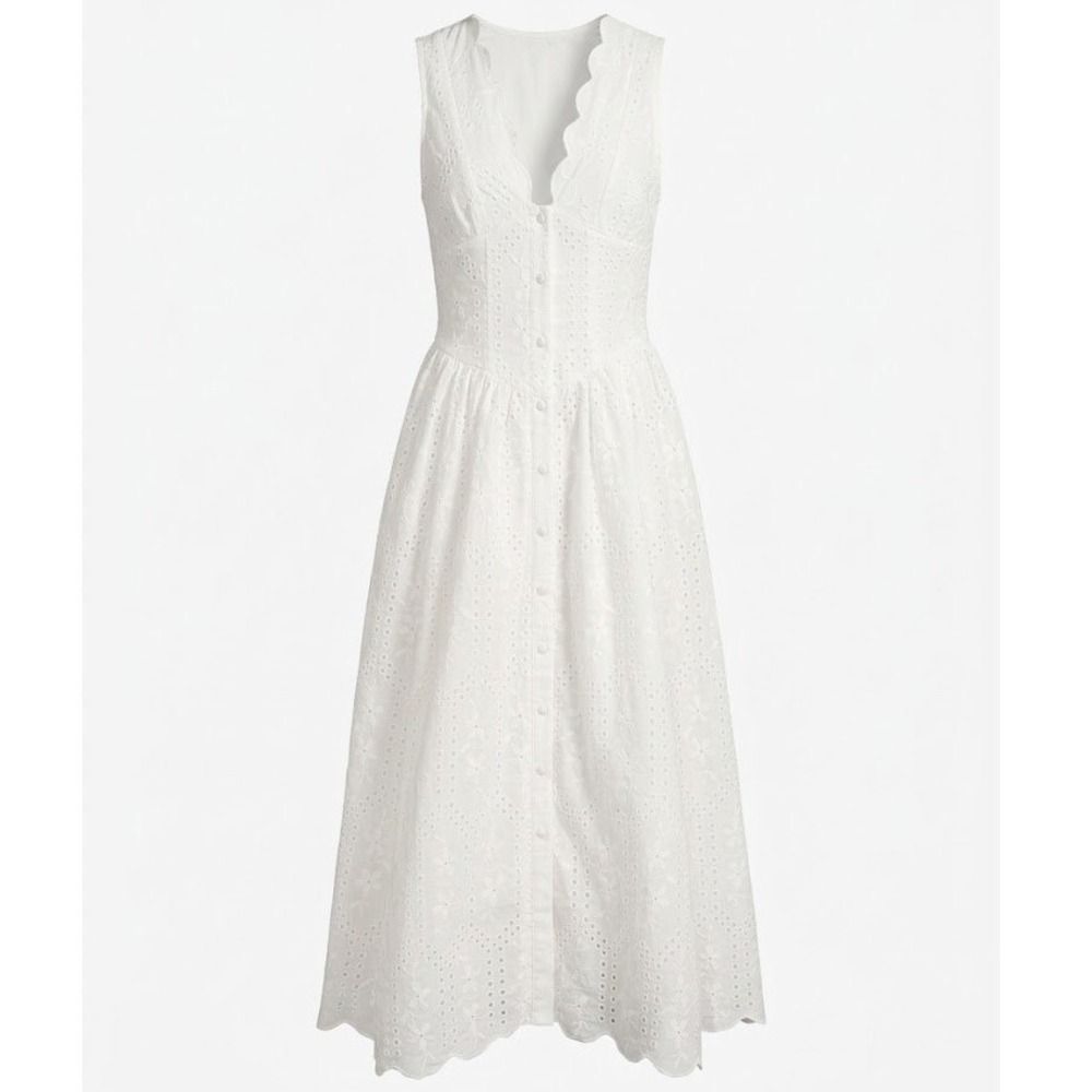 SHEIN White Eyelet Lace Button Front V-Neck Maxi Dress Scalloped Hem Small